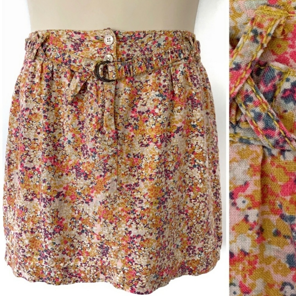 UO Kimchi Blue Linen Belted Button Skirt Floral